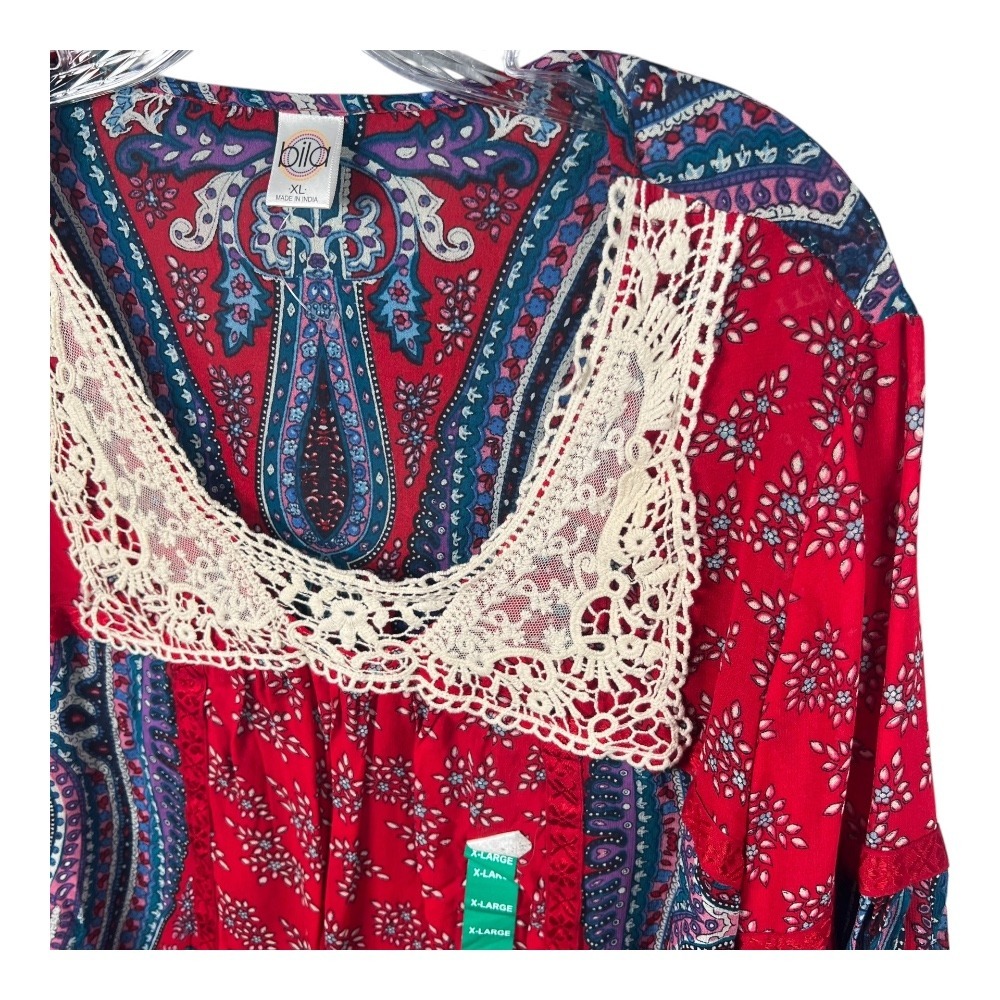 Bila Paisley Print Peasant Womens XL Blouse Crochet Trim Bohemian Top‎